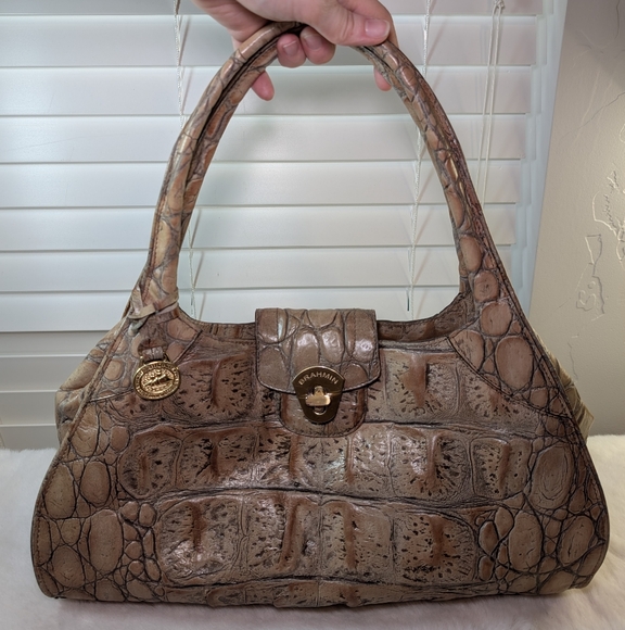 Brahmin Handbags - Vintage Brahmin Croc-Embossed Structured Leather Satchel | Beige | Gold Hardware